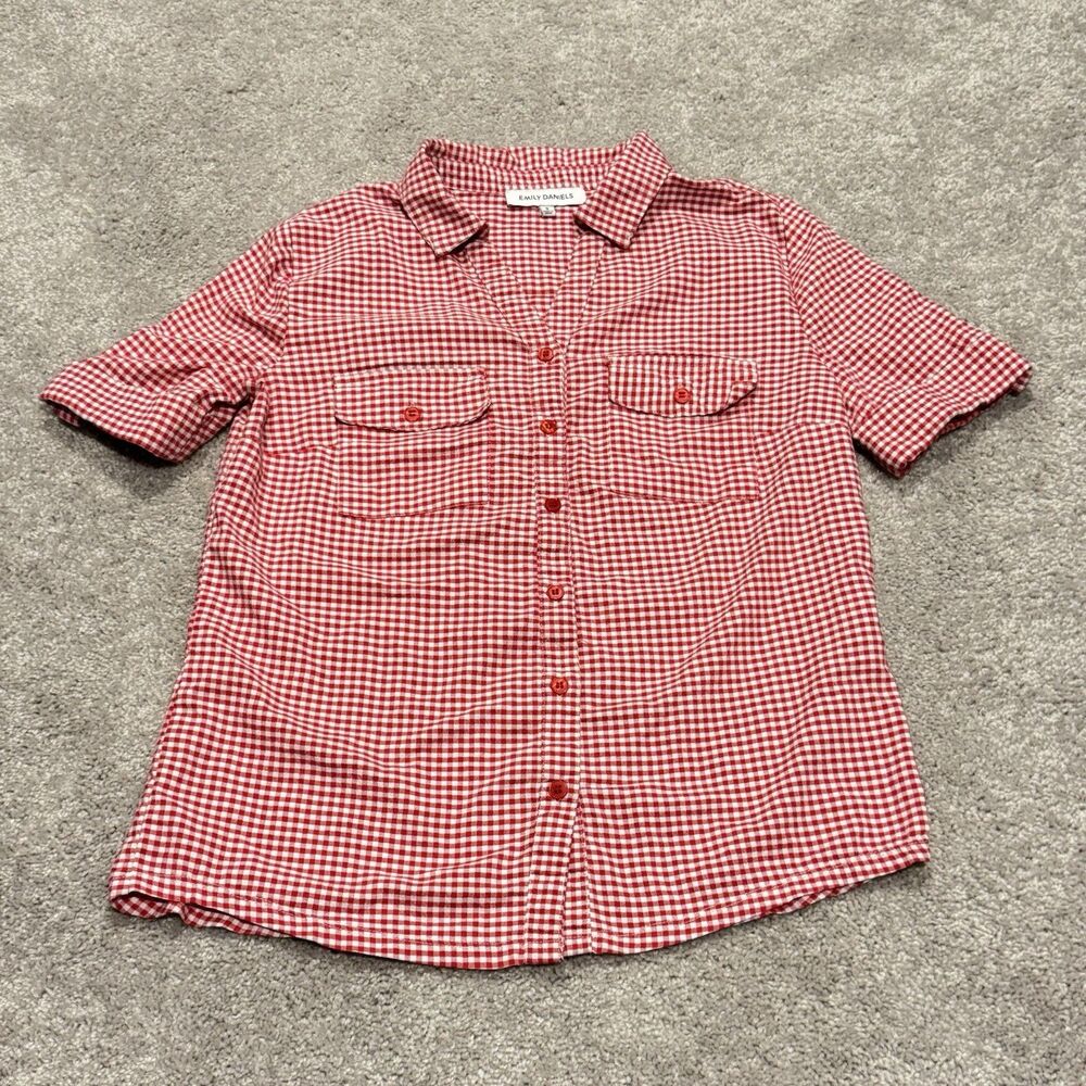 Emily Daniels Women’s Gingham Button Up Shirt Red White Short Sleeve Roll Tab
